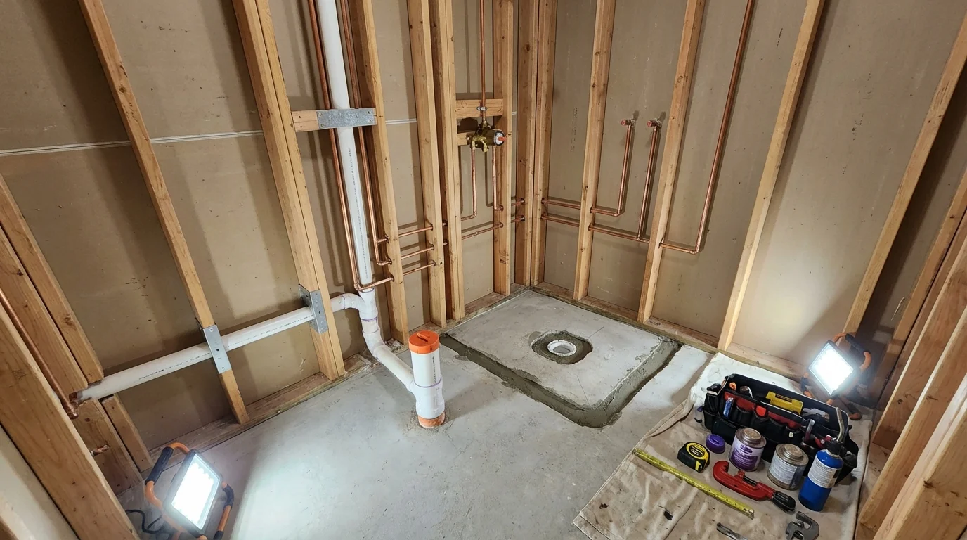 Bathroom rough-in plumbing during remodel by Johns Plumbing LLC in Ludington