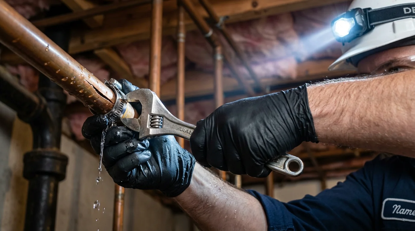 Emergency pipe clamp repair being performed by a Johns Plumbing LLC plumber in Ludington