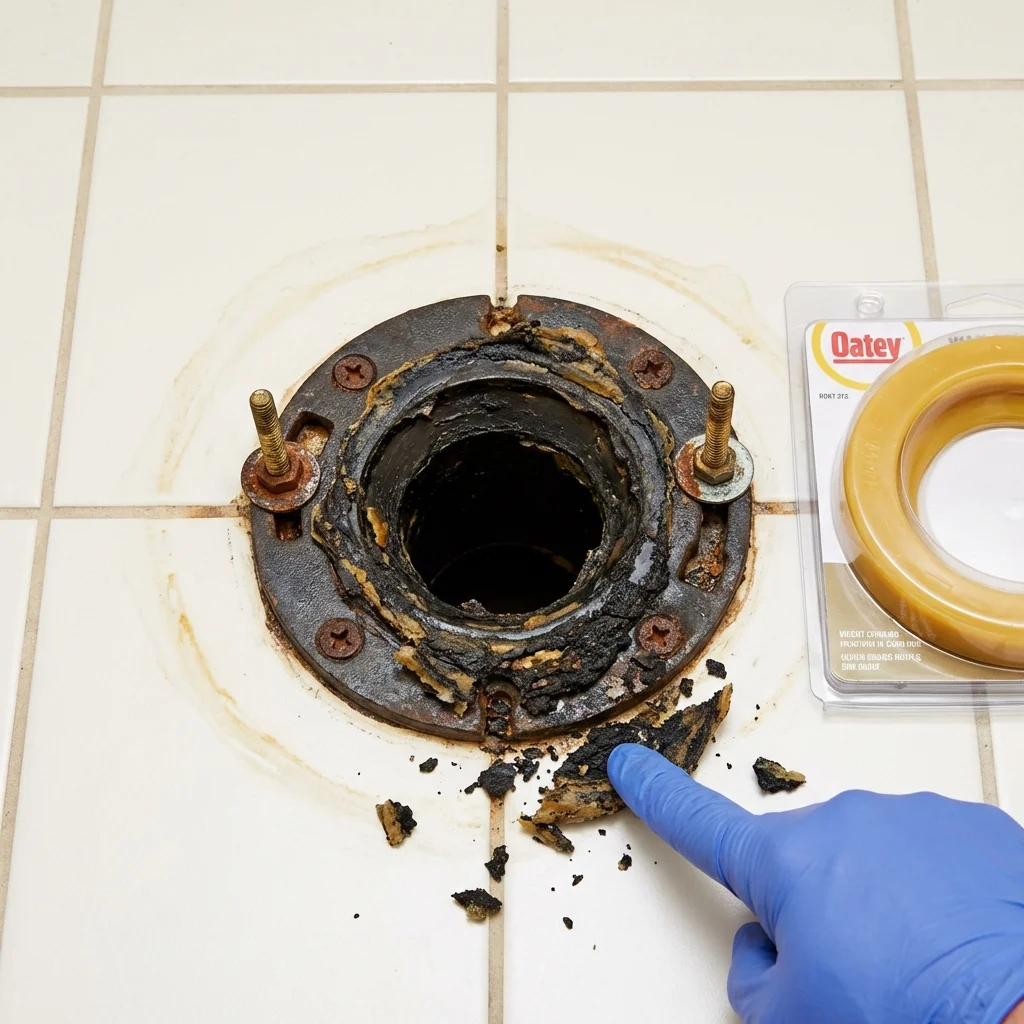 Failed wax ring showing water seepage at the base of a toilet in a Ludington, MI home