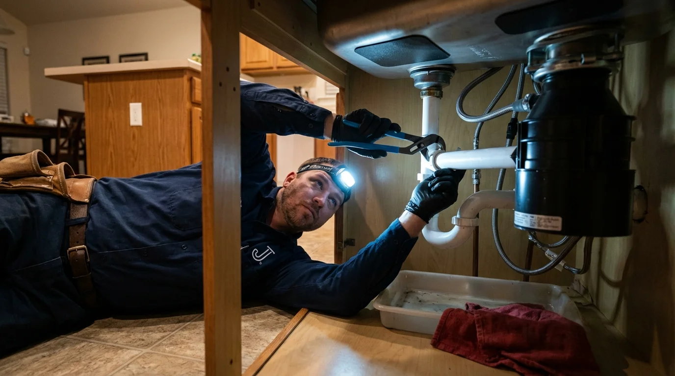 P-trap and supply line connections under a kitchen sink showing a common leak point in Ludington, MI